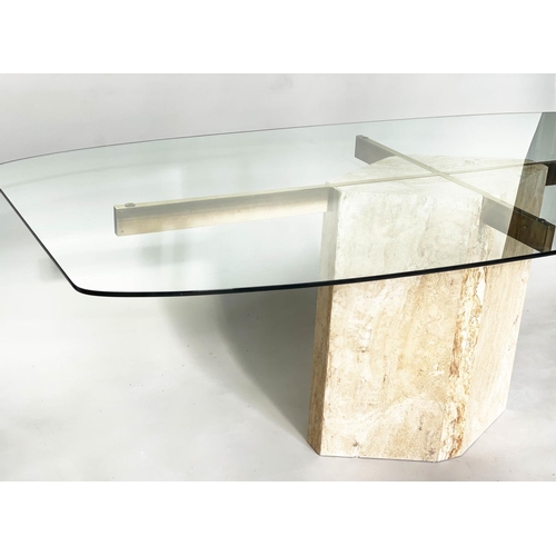 266 - ARTEDI DINING TABLE, bow sided rectangular plate glass on brass supports and travertine marble suppo... 