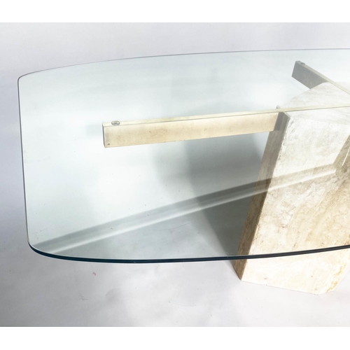 266 - ARTEDI DINING TABLE, bow sided rectangular plate glass on brass supports and travertine marble suppo... 