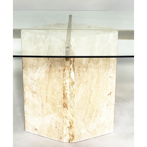 266 - ARTEDI DINING TABLE, bow sided rectangular plate glass on brass supports and travertine marble suppo... 