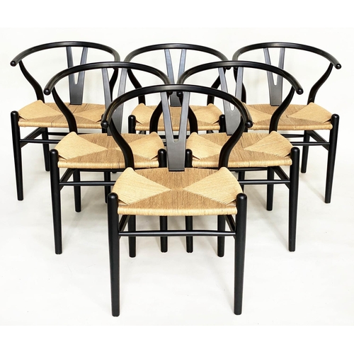 267 - AFTER HANS J WEGNER WISHBONE STYLE CHAIRS, a set of six, with rush seats. (6)