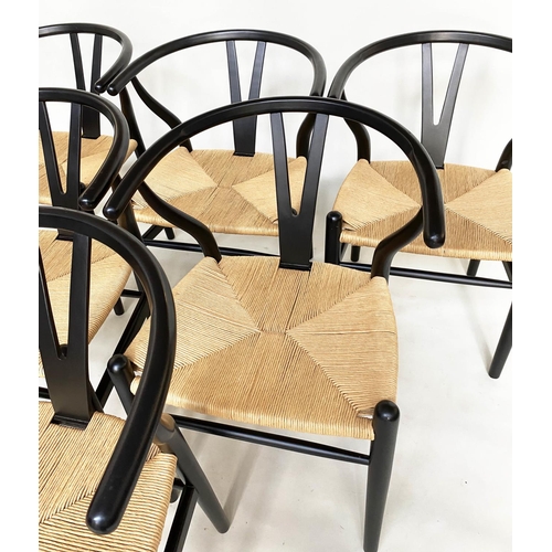 267 - AFTER HANS J WEGNER WISHBONE STYLE CHAIRS, a set of six, with rush seats. (6)