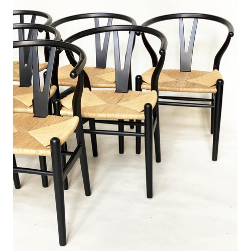 267 - AFTER HANS J WEGNER WISHBONE STYLE CHAIRS, a set of six, with rush seats. (6)