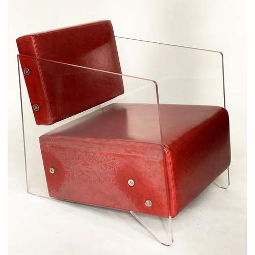 269 - ARMCHAIR, contemporary red faux leather with lucite supports, 64cm W.