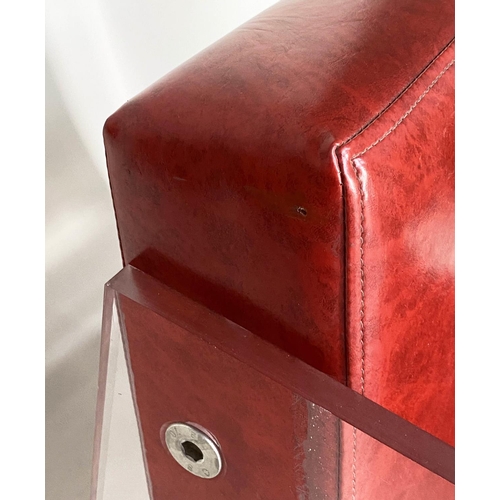 269 - ARMCHAIR, contemporary red faux leather with lucite supports, 64cm W.