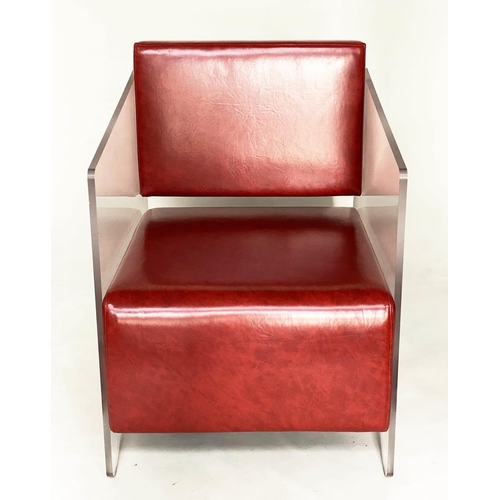 269 - ARMCHAIR, contemporary red faux leather with lucite supports, 64cm W.