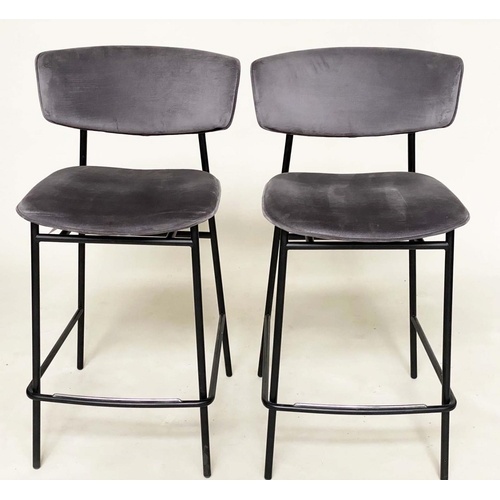 276 - CALLIGARIS BAR STOOLS, a pair, grey velour upholstered with curved backs and metal supports with foo... 