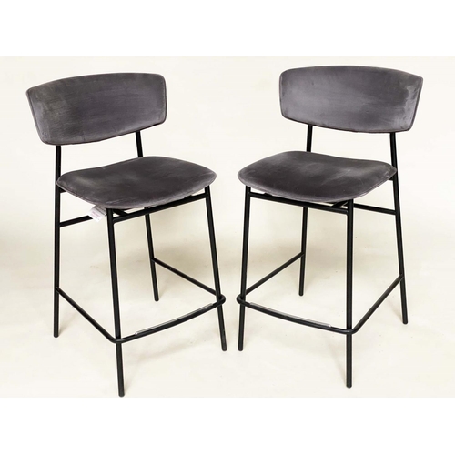 276 - CALLIGARIS BAR STOOLS, a pair, grey velour upholstered with curved backs and metal supports with foo... 