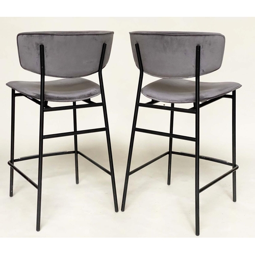 276 - CALLIGARIS BAR STOOLS, a pair, grey velour upholstered with curved backs and metal supports with foo... 