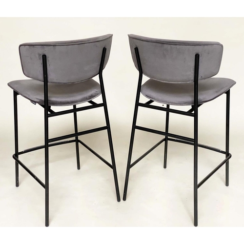 276 - CALLIGARIS BAR STOOLS, a pair, grey velour upholstered with curved backs and metal supports with foo... 