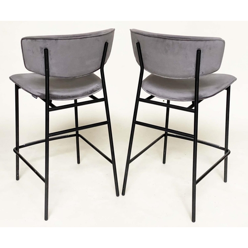 276 - CALLIGARIS BAR STOOLS, a pair, grey velour upholstered with curved backs and metal supports with foo... 