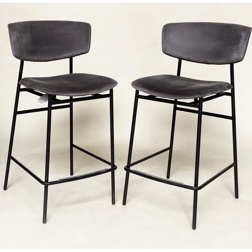 276 - CALLIGARIS BAR STOOLS, a pair, grey velour upholstered with curved backs and metal supports with foo... 