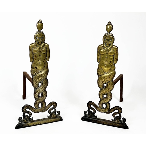 10 - FIRE DOGS, a pair, 19th century iron and brass in the form of mermen, 57cm H, together with a firegu... 