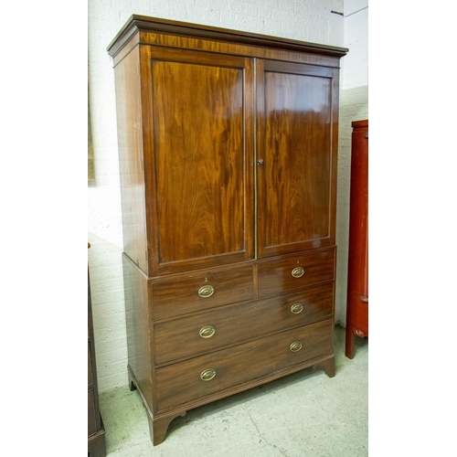 103 - LINEN PRESS, 205cm H x 120cm x 54cm, Regency mahogany with two doors enclosing sliding trays above a... 