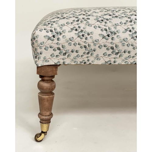 107 - HEARTH STOOL, Country House style rectangular with eucalyptus print linen upholstery and turned tape... 