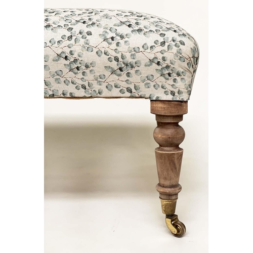 107 - HEARTH STOOL, Country House style rectangular with eucalyptus print linen upholstery and turned tape... 