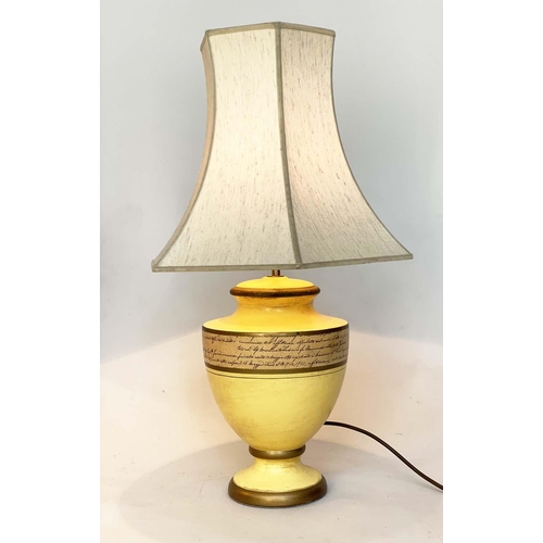 113 - TABLE LAMPS, a pair, yellow ceramic of urn form with Italian script and pagoda silk shades, 67cm H. ... 