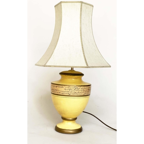 113 - TABLE LAMPS, a pair, yellow ceramic of urn form with Italian script and pagoda silk shades, 67cm H. ... 