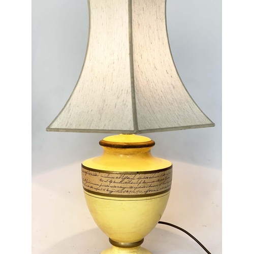 113 - TABLE LAMPS, a pair, yellow ceramic of urn form with Italian script and pagoda silk shades, 67cm H. ... 