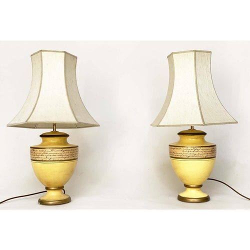 113 - TABLE LAMPS, a pair, yellow ceramic of urn form with Italian script and pagoda silk shades, 67cm H. ... 