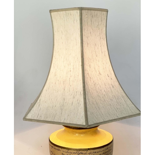 113 - TABLE LAMPS, a pair, yellow ceramic of urn form with Italian script and pagoda silk shades, 67cm H. ... 