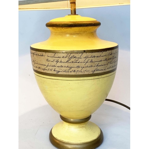 113 - TABLE LAMPS, a pair, yellow ceramic of urn form with Italian script and pagoda silk shades, 67cm H. ... 