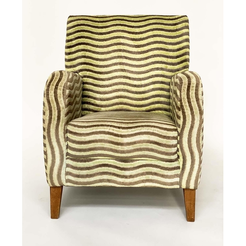 123 - TUB ARMCHAIR, Art Deco style in wave pattern stripe two tone cut velvet, 63cm W.