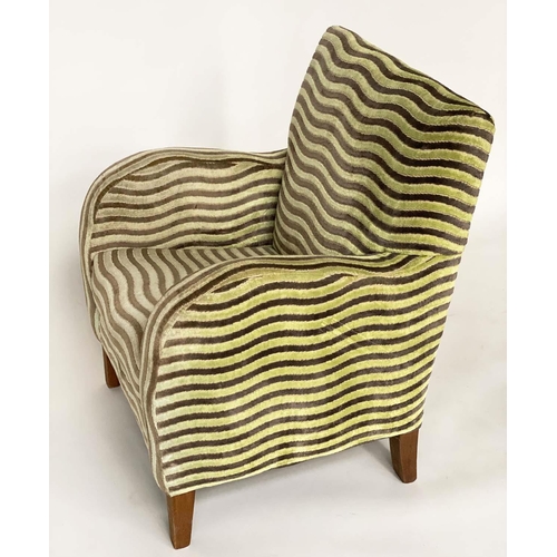 123 - TUB ARMCHAIR, Art Deco style in wave pattern stripe two tone cut velvet, 63cm W.