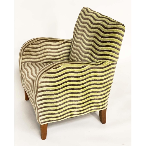 123 - TUB ARMCHAIR, Art Deco style in wave pattern stripe two tone cut velvet, 63cm W.