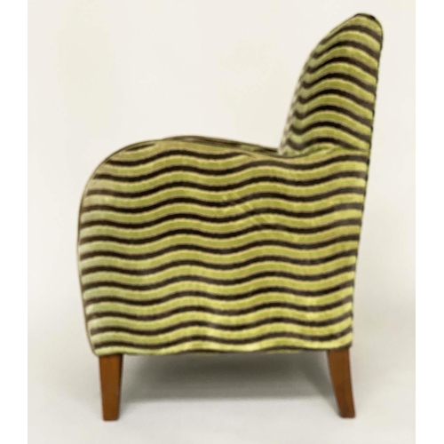 123 - TUB ARMCHAIR, Art Deco style in wave pattern stripe two tone cut velvet, 63cm W.