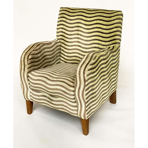 123 - TUB ARMCHAIR, Art Deco style in wave pattern stripe two tone cut velvet, 63cm W.