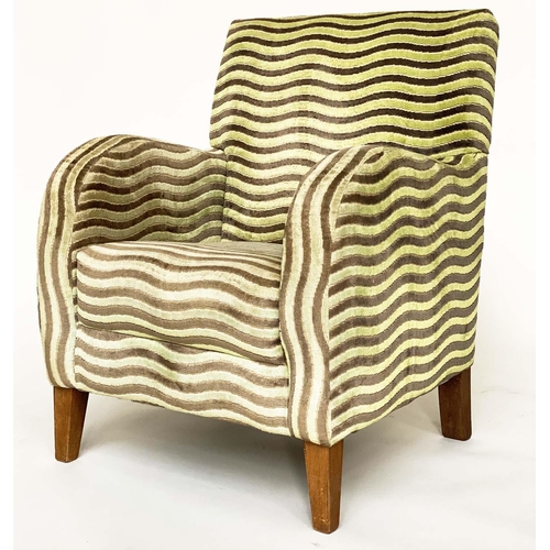 123 - TUB ARMCHAIR, Art Deco style in wave pattern stripe two tone cut velvet, 63cm W.