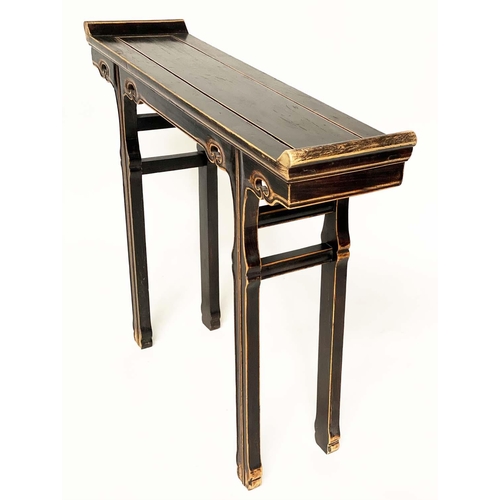 125 - CHINESE CONSOLE TABLE, elm and black lacquered with pierced frieze and shaped supports, 102cm W x 2 ... 