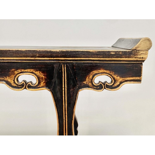 125 - CHINESE CONSOLE TABLE, elm and black lacquered with pierced frieze and shaped supports, 102cm W x 2 ... 