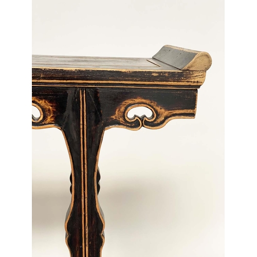 125 - CHINESE CONSOLE TABLE, elm and black lacquered with pierced frieze and shaped supports, 102cm W x 2 ... 