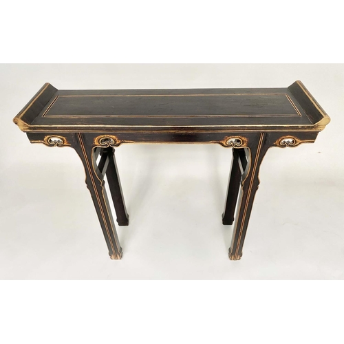 125 - CHINESE CONSOLE TABLE, elm and black lacquered with pierced frieze and shaped supports, 102cm W x 2 ... 