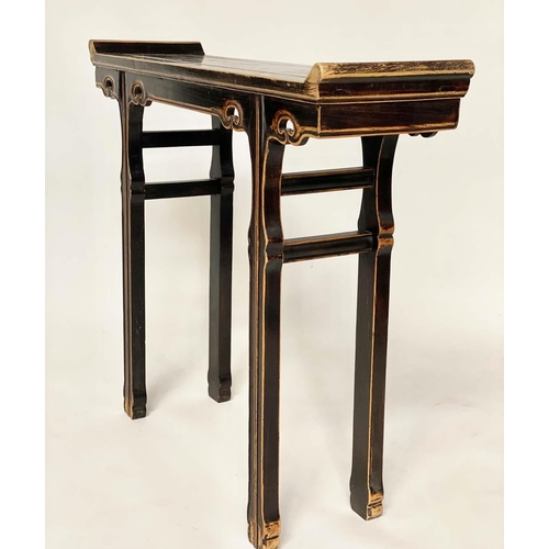 125 - CHINESE CONSOLE TABLE, elm and black lacquered with pierced frieze and shaped supports, 102cm W x 2 ... 