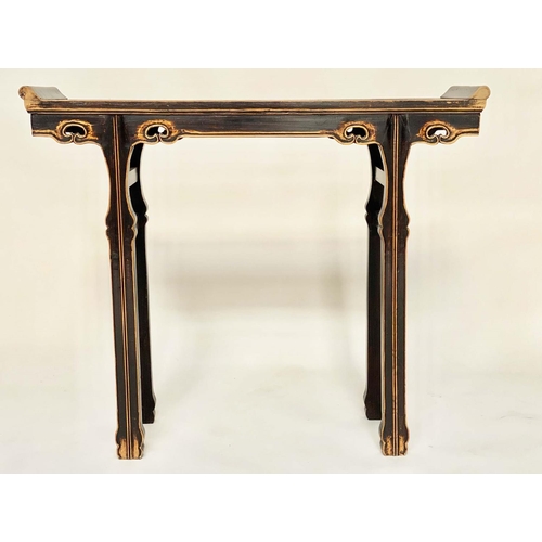 125 - CHINESE CONSOLE TABLE, elm and black lacquered with pierced frieze and shaped supports, 102cm W x 2 ... 