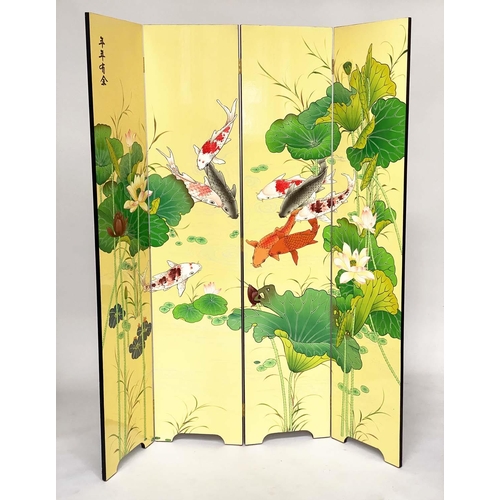 131 - CARP SCREEN, Chinese four fold yellow with carp, amongst pond lillies and bamboo leaf reverse, each ... 