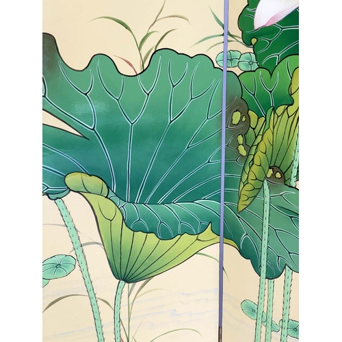 131 - CARP SCREEN, Chinese four fold yellow with carp, amongst pond lillies and bamboo leaf reverse, each ... 