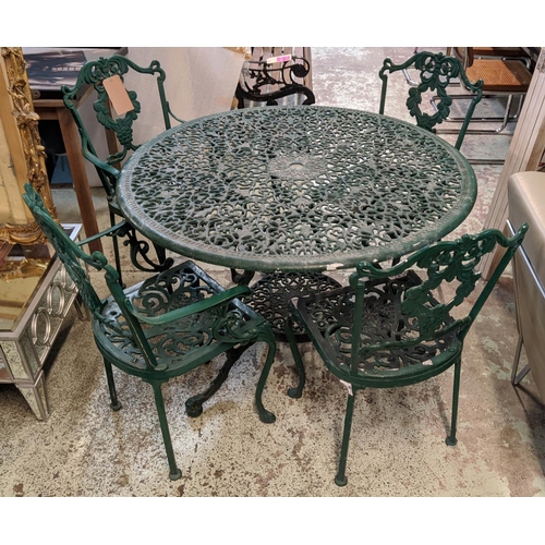 133 - GARDEN TABLE AND FOUR CHAIRS, Victorian style, green table painted, 71cm H x 109cm diam, chairs 88cm... 