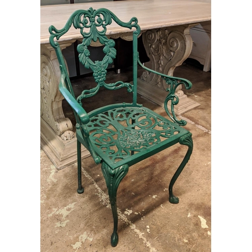 133 - GARDEN TABLE AND FOUR CHAIRS, Victorian style, green table painted, 71cm H x 109cm diam, chairs 88cm... 