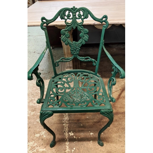 133 - GARDEN TABLE AND FOUR CHAIRS, Victorian style, green table painted, 71cm H x 109cm diam, chairs 88cm... 