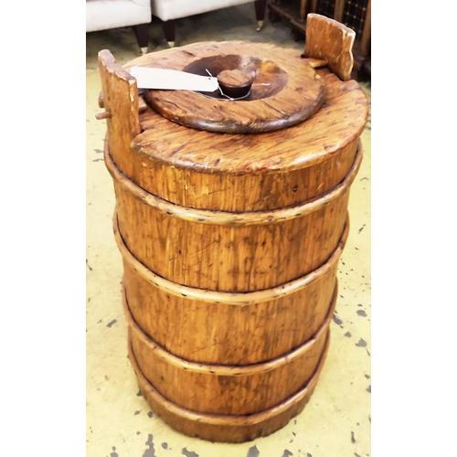 135 - CHALON PINE BARREL, rustic with inner liner, raised on castors, 81cm H x 42cm diam.