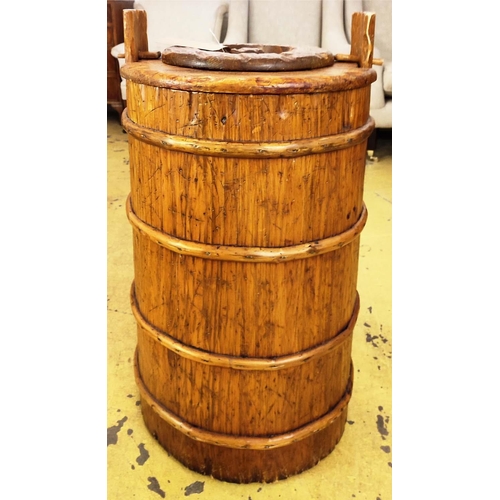 135 - CHALON PINE BARREL, rustic with inner liner, raised on castors, 81cm H x 42cm diam.