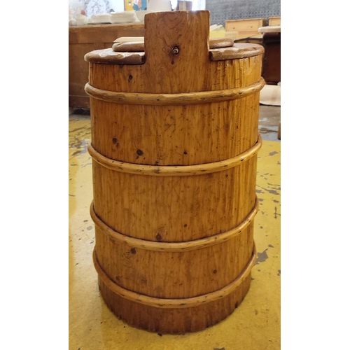 135 - CHALON PINE BARREL, rustic with inner liner, raised on castors, 81cm H x 42cm diam.