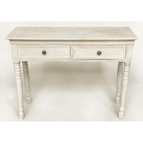 138 - SIDE TABLE, French style traditionally grey painted with two frieze drawers, and tapering supports, ... 