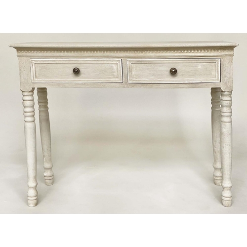 138 - SIDE TABLE, French style traditionally grey painted with two frieze drawers, and tapering supports, ... 