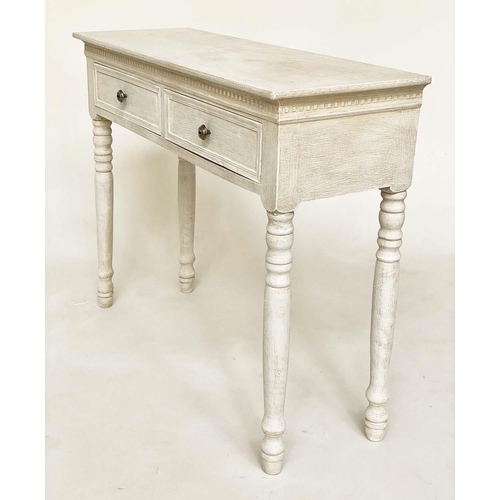 138 - SIDE TABLE, French style traditionally grey painted with two frieze drawers, and tapering supports, ... 