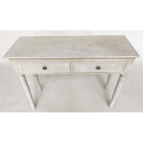 138 - SIDE TABLE, French style traditionally grey painted with two frieze drawers, and tapering supports, ... 