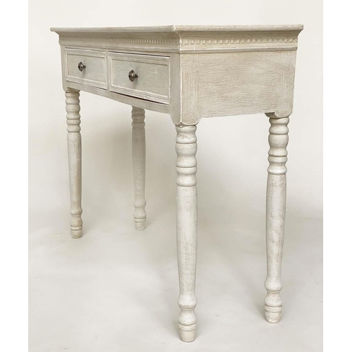 138 - SIDE TABLE, French style traditionally grey painted with two frieze drawers, and tapering supports, ... 